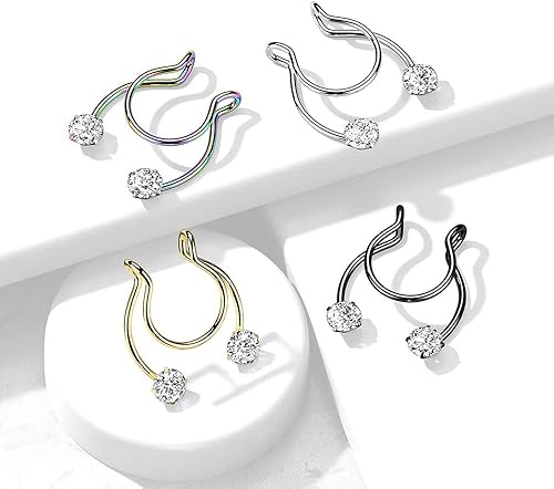 Miniatura 4 de Pierced Owl - Juego de puntas de acero inoxidable 18GA con clip de herradura de cristal CZ en anillos de pezón falsos para tabique sin perforación,