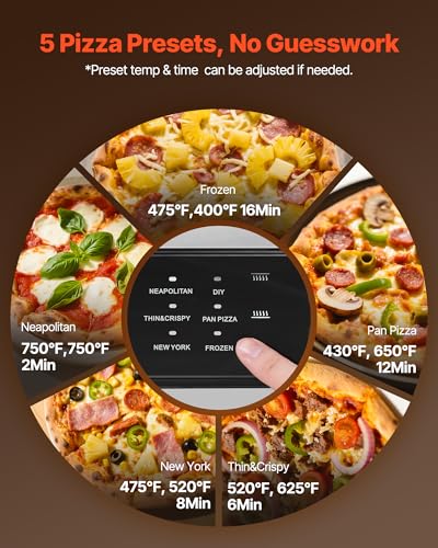 Image of VEVOR Electric Pizza Oven, Smart Pizzas Maker Indoor with 5 Preset, 12-Inch Countertop Pizza Cooker w /Touch Srceen, 750℉ Max Temp, 2-Min Rapid Baking Oven Thin & Crispy, Neapolitan, Frozen, New York