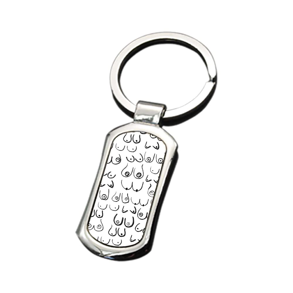 Giftme Boobs Pattern - Black and White line Drawing, Life Drawing, Feminine Art inspired Metal Key Ring. (Rectangular)