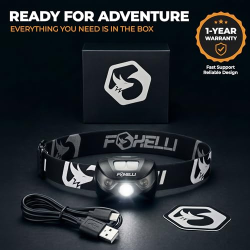 Image of Foxelli USB Rechargeable Headlamp Flashlight - Provides up to 100 Hours of Constant Light on a Single Charge Ultra Bright Waterproof Impact Resistant Lightweight Comfortable Easy to Use BONUS - Two Mini USB Charging Cables Black-Compact