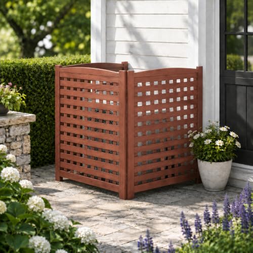 ELOMBR 32" W x 38" H Air Conditioner Fence, 3 Panel Trash Can Fence Screen for Outside Unit, No Dig Pool Equipment Enclosure, Wood Privacy AC Fence Panels for Garbage Outdoor, Brown