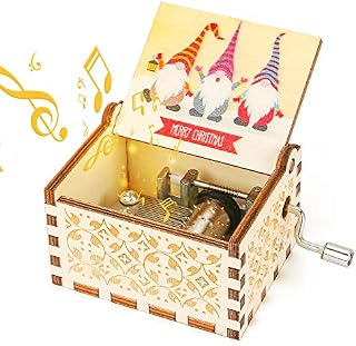 LINGSFIRE Merry Christmas Music Box, Engraved Vintage Wooden Musical Box for Girlfriends Daughter Mom Love, Santas Hand Crank Mini Music Box Crafts Play Merry Christmas Music