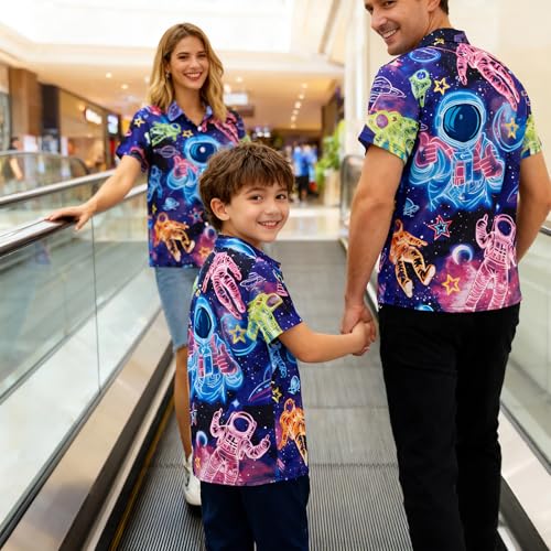 Image of uideazone Big Boys Funky Astronaut Shirts 3D Neon Space Printing Button Down Shirts UFO Short Sleeve Unqiue Blouse Beach Style Summer Wear Tops Size 13 Size 14