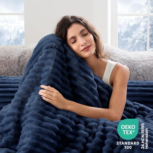 Image of Sasttie King Comforter Set 3 Pieces - Super Soft Fleece Comforters King Size, 1 Luxury Warm Fuzzy Marshmallow Comforter with 2 Pillow Cases, Faux Fur Down Alternative Bedding Set, Marine Blue