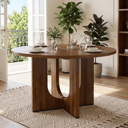 Merax Table à manger ronde 120 cm - Moderne scandinave - Table de salle à manger en bois avec structure noyer - Pour 4 à 6 personnes - Pour cuisine, salle à manger et salon