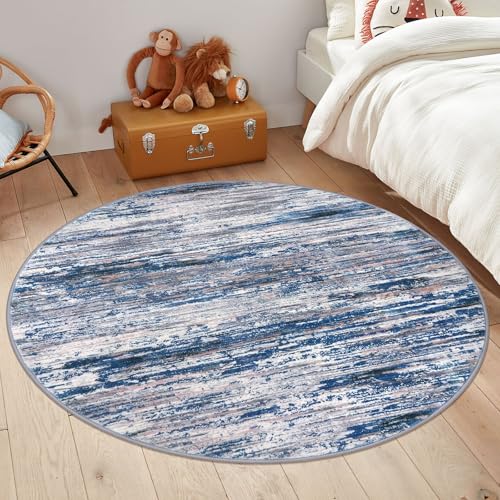 Navy Blue Gray Neutral Multi 5' Round Rug Washable Rug for Entryway Soft Non-Slip Area Rugs Modern Abstract Low-Pile Carpet, Neutral Vintage Circle Rugs for Living Room Dining Bedroom Foyer