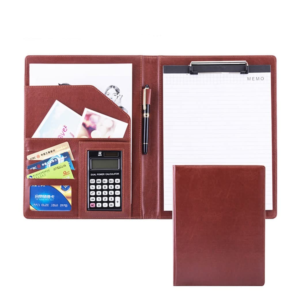 Cartella per appunti A4 Cartella per conferenze, Porta documenti ad anello, tasca multipla e blocco note for interviste e riunioni di organizzatori aziendali(Brown,12digit calculator)