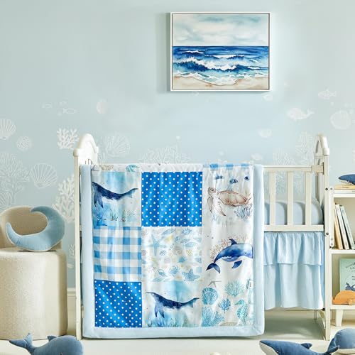 Patchwork Crib Bedding Set with Marine Animals, 3 Pieces