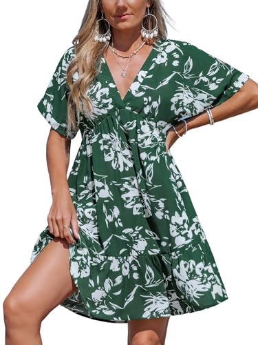 Image of CUPSHE Women Ruffle Floral Summer Dresses 2025 V Neck Short Sleeve Smocked High Waist Casual Beach Holiday Mini Dress