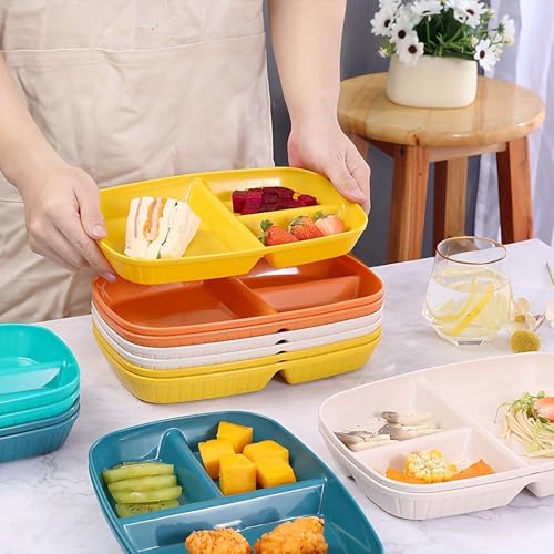 Image of Unbreakable Wheat Straw Plate with 3 Compartments Reusable Plastic Tray for Wedding Birthday Party, Dinner, Fruits, Salad, Cupcake, Steak Dishwasher & Microwave Safe (Yellow, Pack of 2)