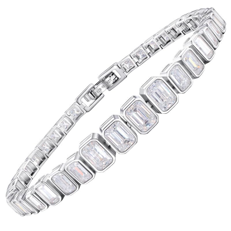 JEWELHOME Moissanite Tennis Emerald Cut Bracelet for Women Men 6.5inch White Gold Plated S925 Sterling Silver D Color VVS1 Square Moissanite Bracelets