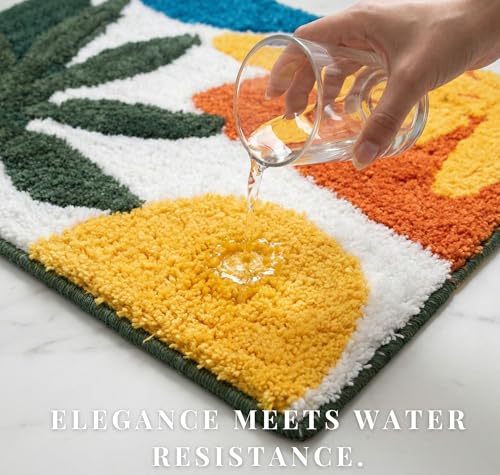 Image of VAS COLLECTIONS Luxurious 2000 GSM Microfiber Bath Mat | Super Soft, Thick & Fluffy | Anti-Skid, Super Absorbent, Bathroom /Bedroom /Kitchen /Door Mat (40x60 cm, Pack of 1) (Blue & Yellow Leaf)