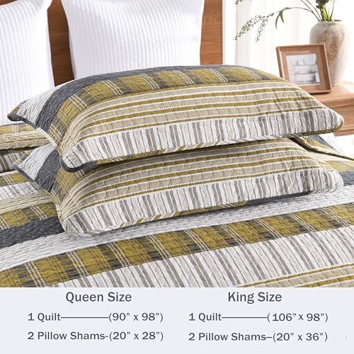 Image of Homzard King Comforter,Cotton King Size Quilt,Amber Green Black Bedding Set,Plaid Striped Bedspread,Lightweight Reversible Coverlet 3 Pieces