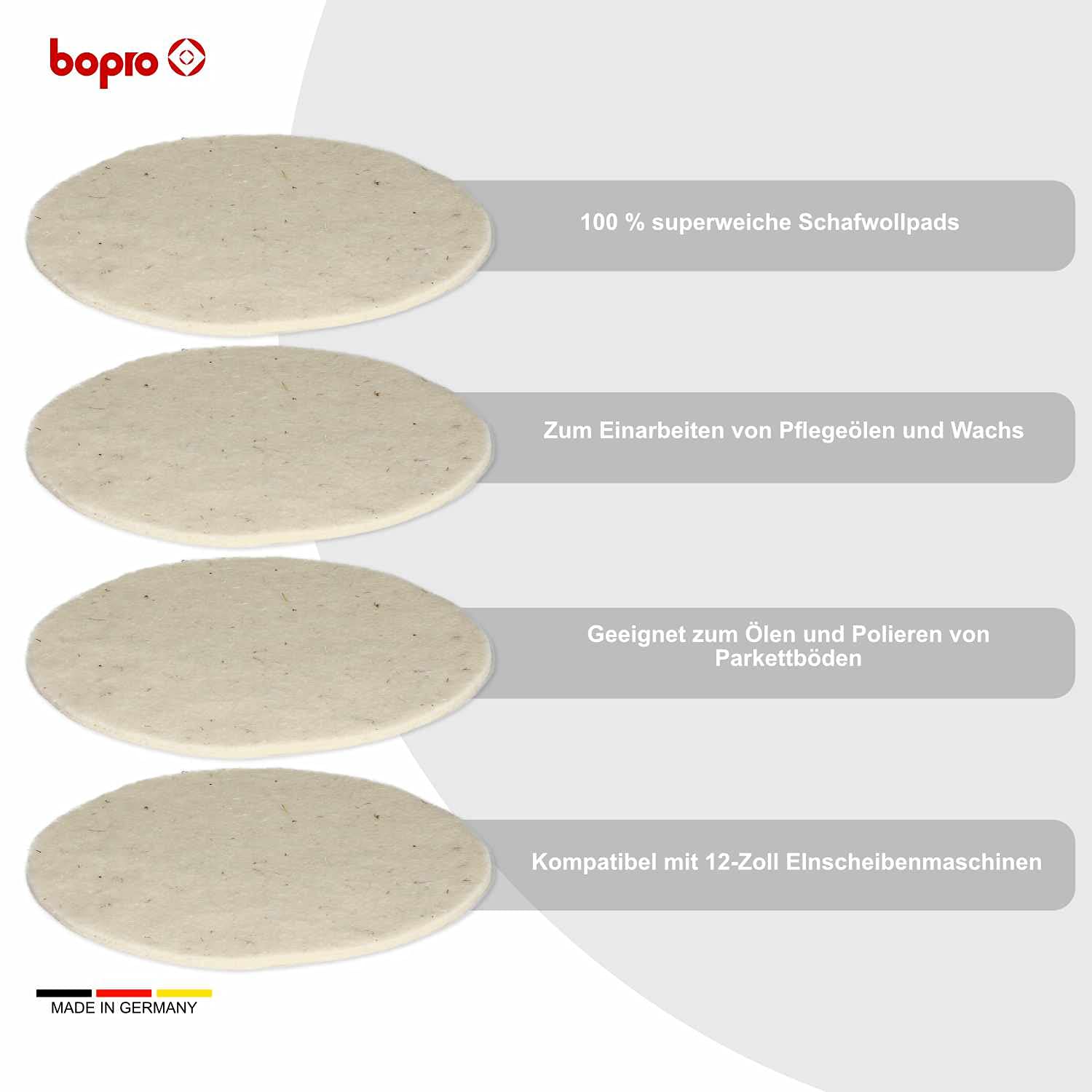 Schafwollpads aus reinster Schafschurwolle - ideal zum Nachölen und Auspolieren - 12 Zoll ideal für Floorboy - Einscheibenmaschinen (4)