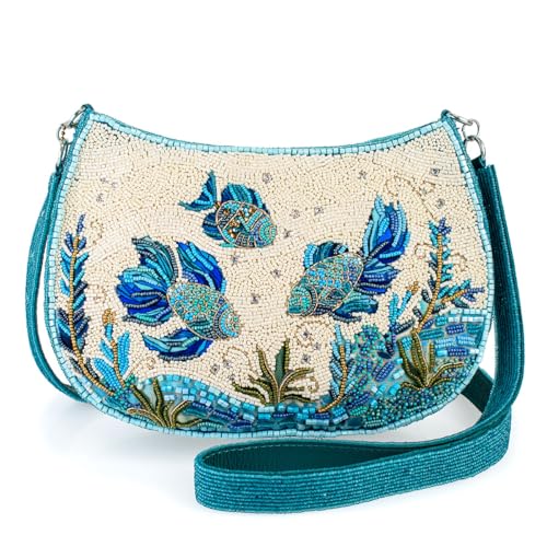 Mary Frances Fish Harmony Ocean-Themed Beaded Crossbody Bag – Vibrant Aquatic Style Novelty Evening Clutch Purse, Multicolor