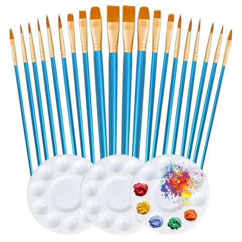 Paint Brushes, 20 Pcs Face Paint Brushes Set 3Pcs Palettes for Children Watercolor, Acrylic and Oil Painting Suitable for Decorations, Models, Figurines, Nail Art