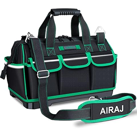 AIRAJ High-end Tool Bag,16 Inch Wide Mouth Tool Bag with Molded Hard bottom Base with 16 Pockets,Soft Rubber Handle, Adjustable Shoulder Strap,Waterproof Oxford Cloth... Cover