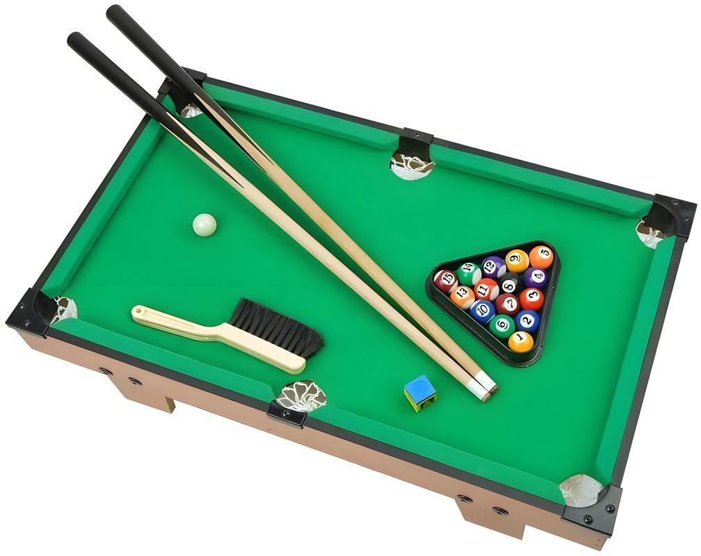 Black Foru Tabletop Pool Table with 15 Colored Balls- 1 cue Ball- 2 Pool Sticks- 1 Cube of Chalk, and Triangle for Kids | Indoor Games/Toy (Brush not a Included)_117