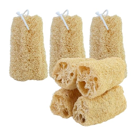 Lot de 7 éponges luffa naturelles en luffa concombre, 10 cm, exfoliant biodégradable, parfaites pour les soins du corps, la cuisine, la salle de bain et le savon loofah