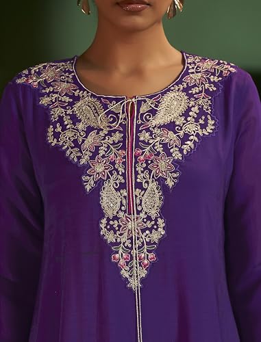 Image of Arangya Chanderi Embroidere Kurta Set with Dupatta for Women l Elegant Ethnic Wear with Intricate Neck Work Festive Suit