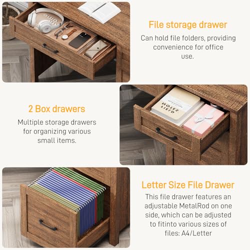 Image of Farmhouse 47 inch Executive Desk, Computer Desk with File Drawer and Charging Station, Workstation for Home Office, Study,Red-Brown