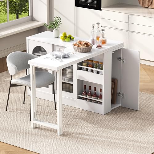 Mesa de bar extensible giratoria de 360°, mesa de café con puerta de armario de cristal, solución de almacenamiento para cocina y hogar