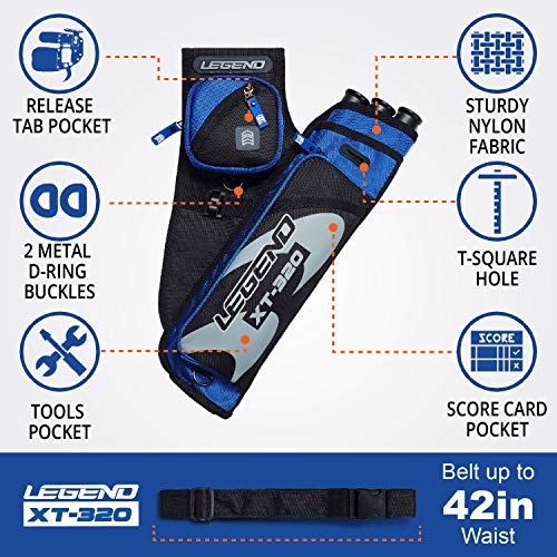 Legend Xt320 Archery Quivers - Nylon Hip Quivers With 3 Arrow Tube Cases For Target Shooting - Adjustable Waist Belt, T-Slot, Storage Compartments For Accessories, Gear, Tools, Release Tab, Score Card #TOP1