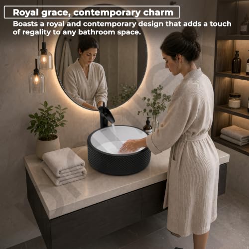 Image of Plantex Round Ceramic Table Top Wash Basin /Designer Counertop Washbasin /Vessel Sink for Bathroom /Home /Restaurant (White & Black-17 x 17 x 6 Inch)