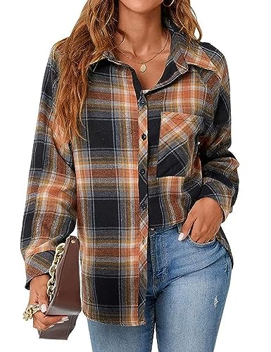 Zontroldy Womens Flannel Shirt Plaid Buffalo Long Sleeve Button Down Oversized Flannels Shirts Blouse Tops