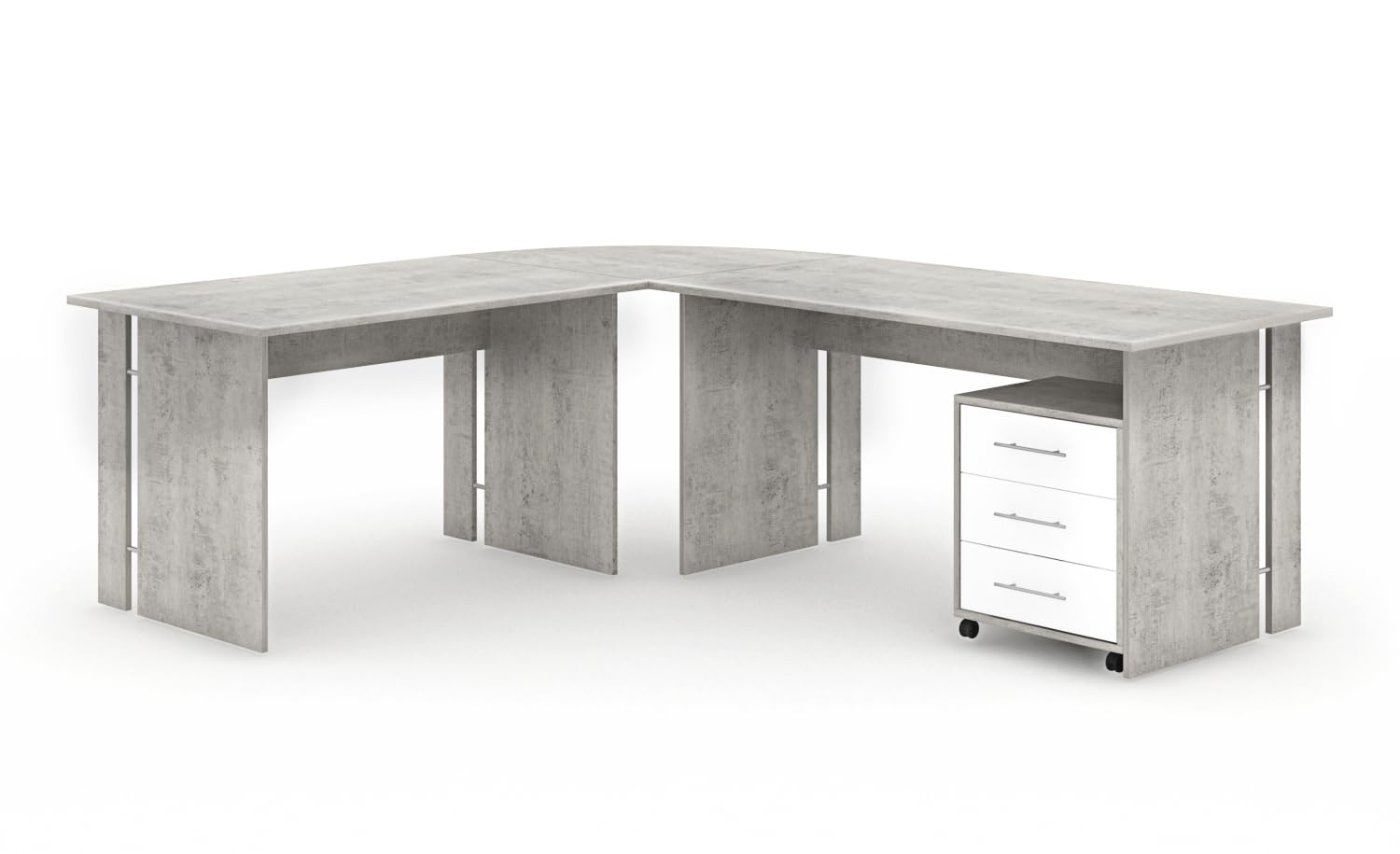 Bricozone Set Ufficio Moderno Completo In Cemento E Bianco Frassinato Con Scrivania Angolare Cassettiera Libreria E Armadi In Melaminico Antigraffio Arredo Professionale Per Home Office E Studi
