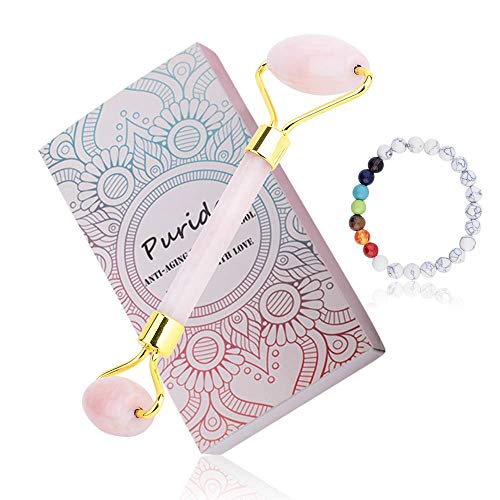 Purida Rose Quartz Roller for Face - Anti Aging Wrinkle, Depuffing and Dark Circles Roller Massager for Face and Eye, 100% Natural, 7 Chakra Bead Bracelets as Bonus