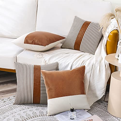 Cygnus Boho Throw Pillow Covers 18 X 18, Modern Farmhouse Decorative Pillow Covers For Couch Sofa Bed,Faux Leather Pillow Covers Set Of 4,Gray Stripe #TOP4