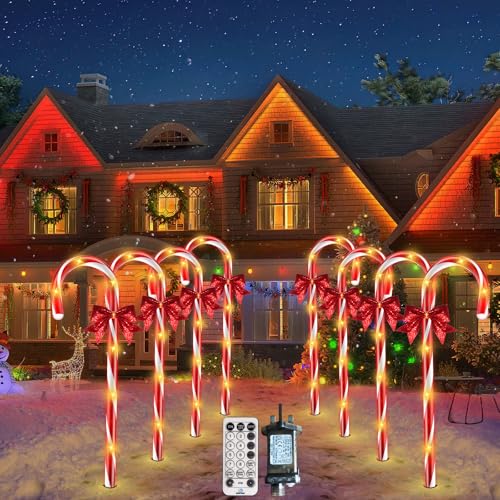 HELESIN Christmas Candy Cane Lights, 8 Packs 48 LEDs 12 Modes Outdoor Christmas Lights with Remote Control, Dimmable Decorations with Timer/Memory Mode for Xmas Holiday Party Decorations