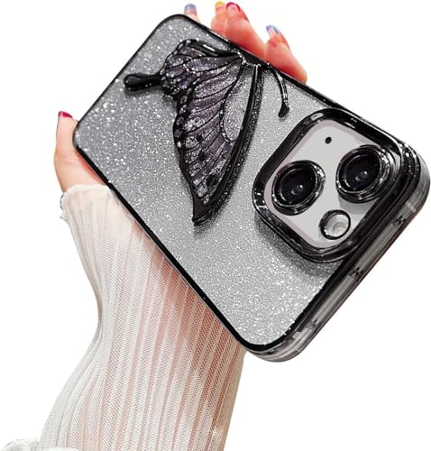 Image of mobistyle Designed for iPhone 14 Plus Cover with Glitter Cute Butterfly Electroplating Design Back Cover Case for Women Teen Girls (Black)