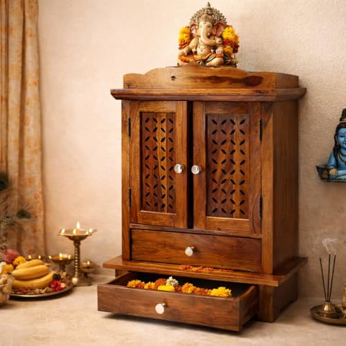 Image of Wudniture Solid Sheesham Wood Floor Standing Pooja Temple with Drawer for Home & Office | Teak Finish