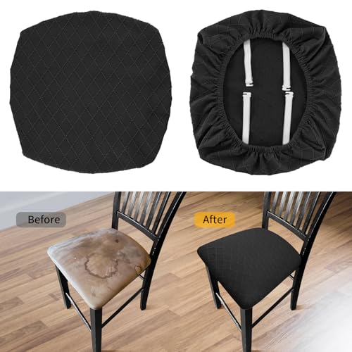 Image of YISUN Stretch Chair Seat Covers, Dining Room Chair Seat Covers, Removable Washable Kitchen Seat Covers Protectors Cushion Slipcovers (4, Black)