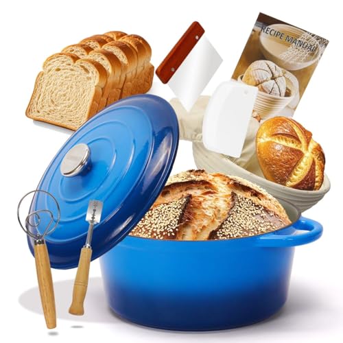 Enameled Cast Iron Dutch Oven with Proofing Basket, Non-Stick Ovenproof Casserole Pot, Dark Blue Dutch Oven for Braising, Stews, Roasting & Bread Baking 5Litres-26cm