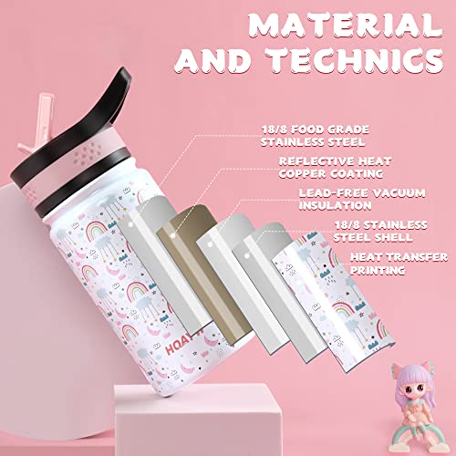 Hqayw Girl Water Bottle, 14 Oz Water Cups For Kids With 2 Lids, 18/8 Stainless Steel Water Bottles Leak-Proof, Kids Thermal Water Bottle With Straw, Double Wall Vacuum Thermos With Sleeve, Rainbow #TOP1