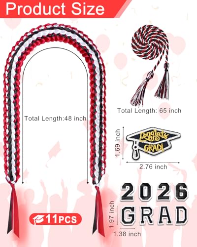 Image of Yigney Graduation Lei Set Class of 2026 Grad Ribbon Leis with Honor Cord Double Braided Graduate Leis for Men Women Red Black White