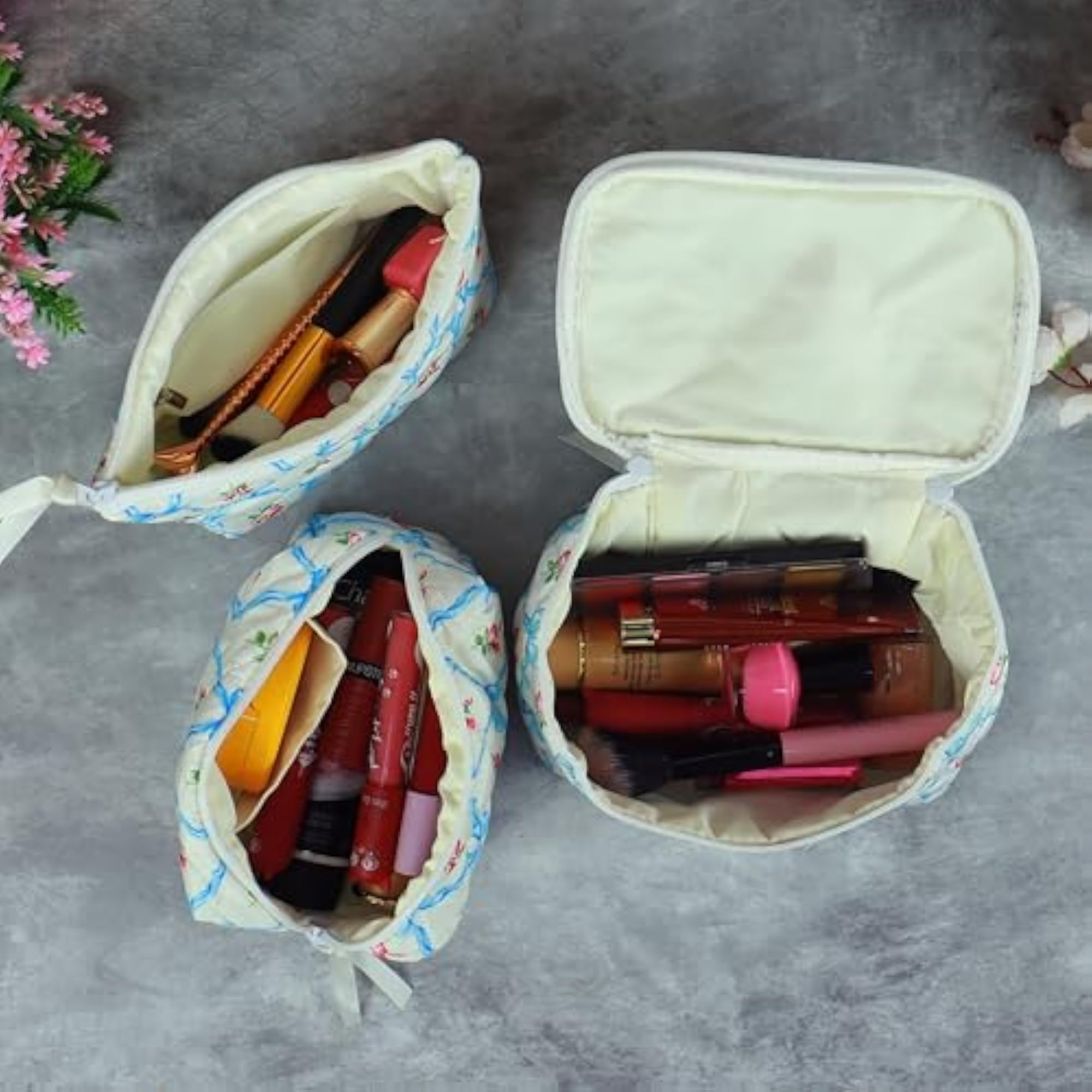3 Pc Cotton Quilted Makeup Pouch Set, Travel Toiletry Organizer