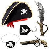 COCIDE 5Pcs Pirate Costume Accessories Captain Hat Pirate Outfit Set for Women Men Cosplay Halloween Party Favor Supplies Jack Sparrow Sword Eye Mask Patch Hook for Adult