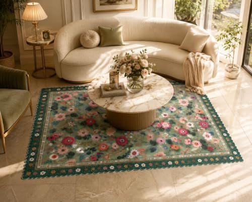 Image of RD TREND Carpet for Hall Digital Printed Carpet for Living Room 52x84 inch | Anti Slip Backing Rug for Bedroom Floor & Home Decor | Green Flower
