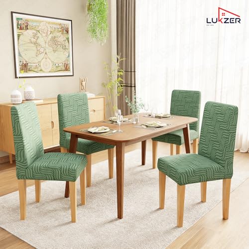Image of Lukzer Elastic Dining Chair Cover - 2PC Pastel Green Ripple Lines | Textured High Stretch Jacquard Seat Cover | Removable Washable Short Dining Chair Cover Protector Seat Slipcover | (CC-160-02)