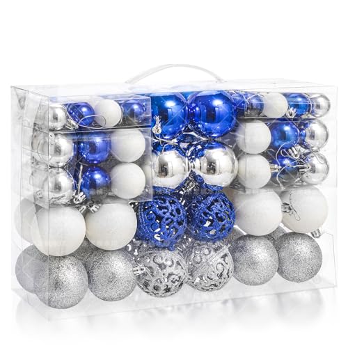 MeetXmas 100PCS Christmas Balls Ornaments, Blue+Sliver+White Shatterproof Hanging Xmas Tree Decorations