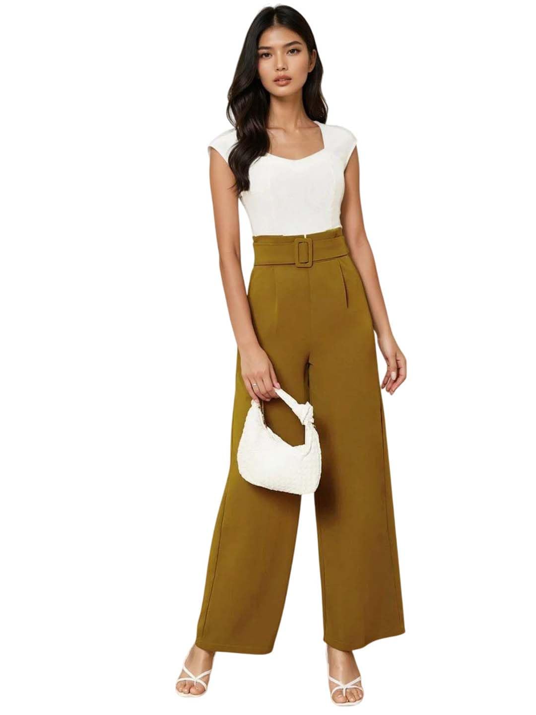 SNITCH Women's High Rise Viscose Rayon Relaxed Fit Korean Trousers in neutral
