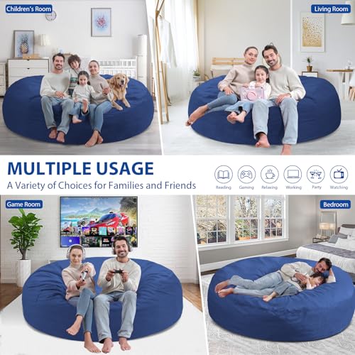 7FT Bean Bag Chair, Large Bean Bag Chairs with Memory Foam Filled, Fluffy Beanbag Sofa with Dutch Velvet Cover, Round BeanBag Chairs for Living Room, Playroom - Blue
