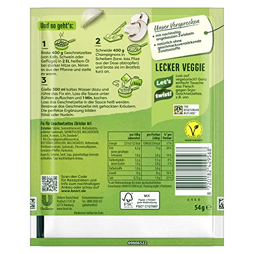 Knorr Fix Würzmischung Geschnetzeltes Züricher Art für ein leckeres Geschnetzeltes Rezept ohne geschmacksverstärkende Zusatzstoffe 54 g 1 Stück