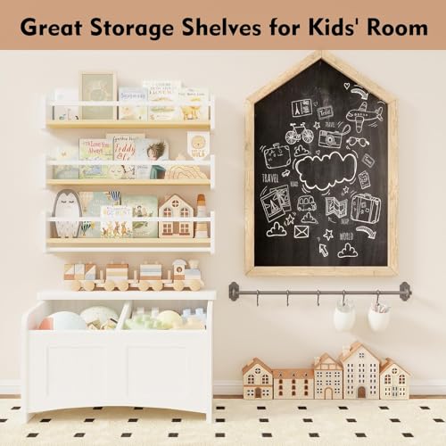 Image of MXCSE Nursery Floating Bookshelf for Kids, Wall Mounted Kids Book Shelf with Toy Storage, Pine Wood Nursery Shelves for Playroom, Bedroom, Toddler Room, Set of 3 (White & Wooden, 16 in)