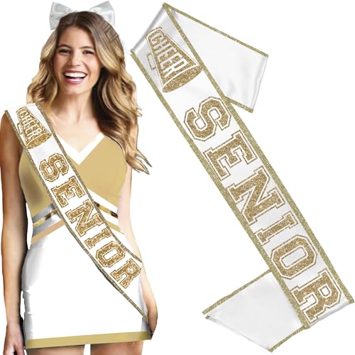Senior Cheerleader Sash Gold - PREMIUM GRADE SATIN Ribbon Edge Sashes - High School Cheer Squad Gifts