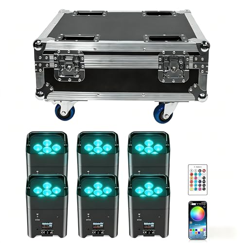 Projecteur PAR LED 108 W, 6 Piece avec flightcase RGBWA + UV, batterie rechargeable 9600 mAh, télécommande/application/WiFi/DMX, idéal pour soirées, DJ, Noël, bars, anniversaires
